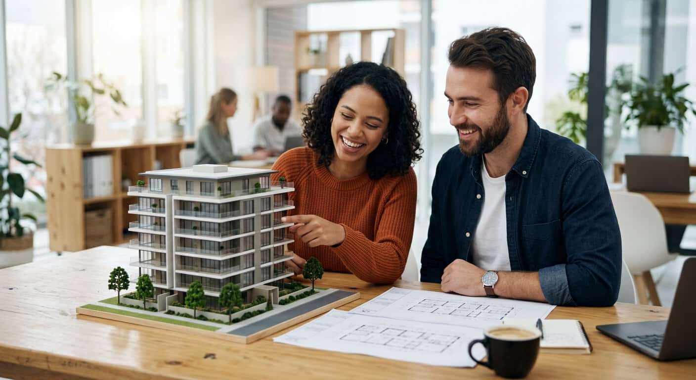 גבר ואישה מחייכים יושבים במשרד ובוחנים דגם אדריכלי של בניין מגורים ולצידו שרטוטי בנייה