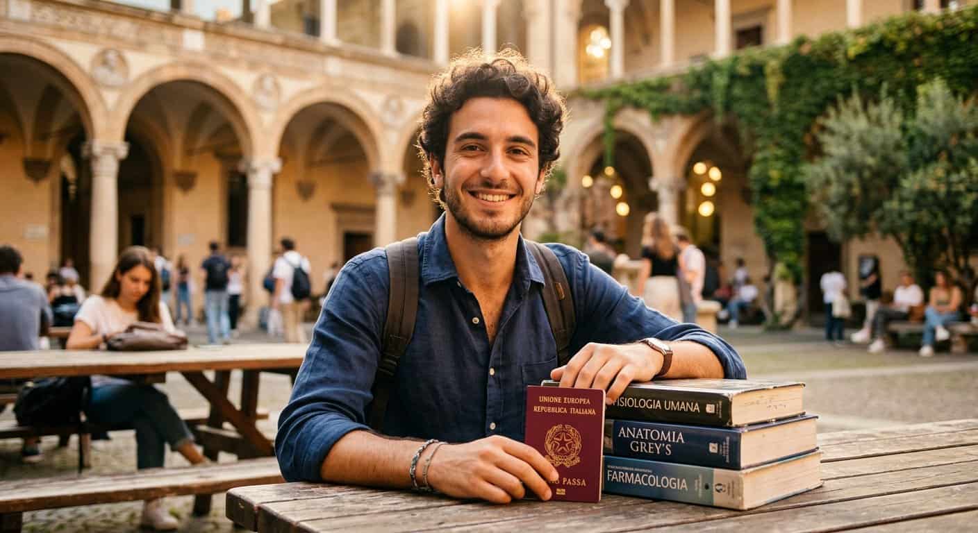 סטודנט לרפואה מחייך יושב בחצר אוניברסיטה, מחזיק דרכון איטלקי ונשען על ספרי לימוד באנטומיה, פיזיולוגיה ופרמקולוגיה.