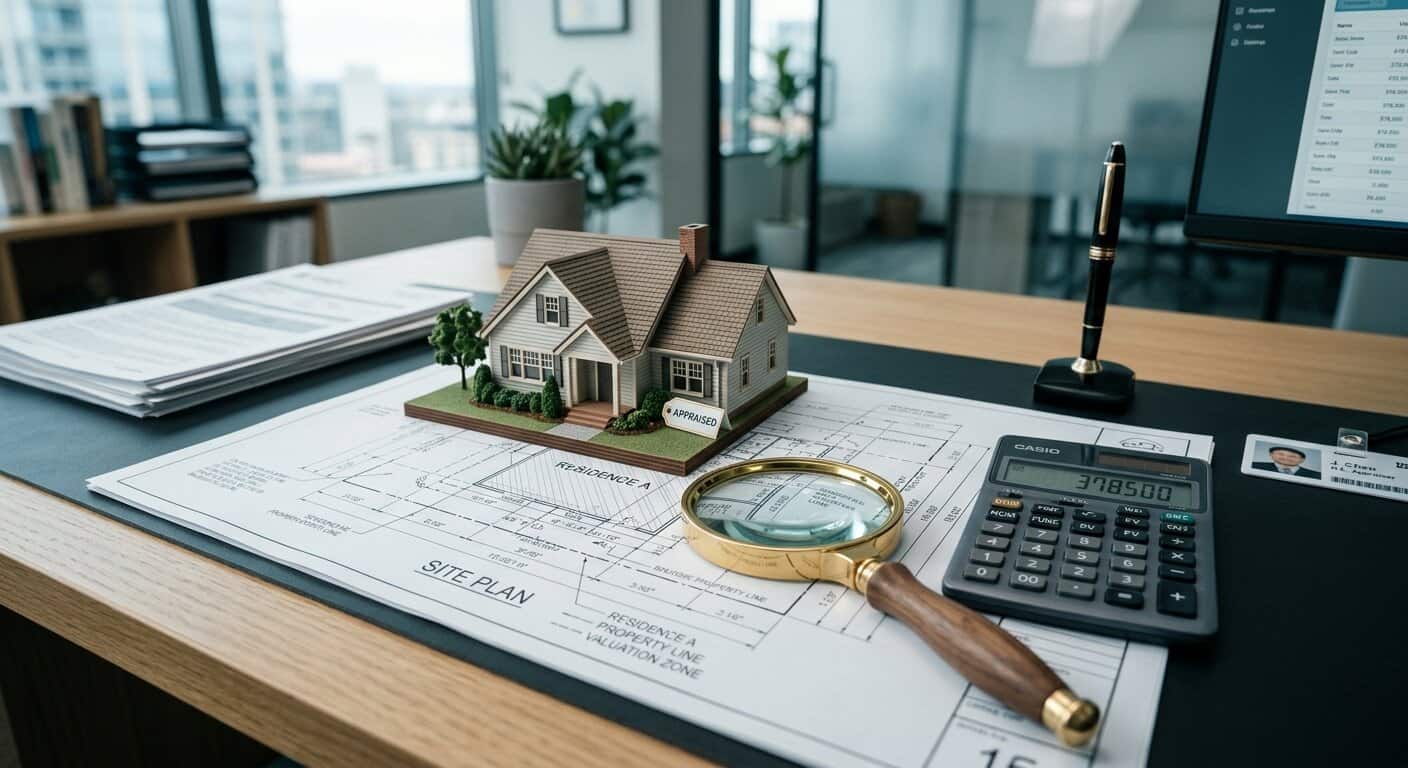 דגם של בית עם תווית הערכת שווי מונח על שרטוט אדריכלי, יחד עם זכוכית מגדלת ומחשבון, להמחשת שירותי שמאות מקרקעין ותכנון נדל"ן.